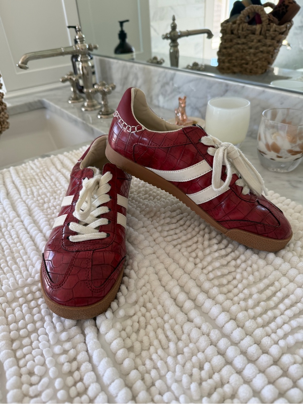 Steve Madden Red Croc-Embossed Sneakers with White Stripes - Picture 2 of 5